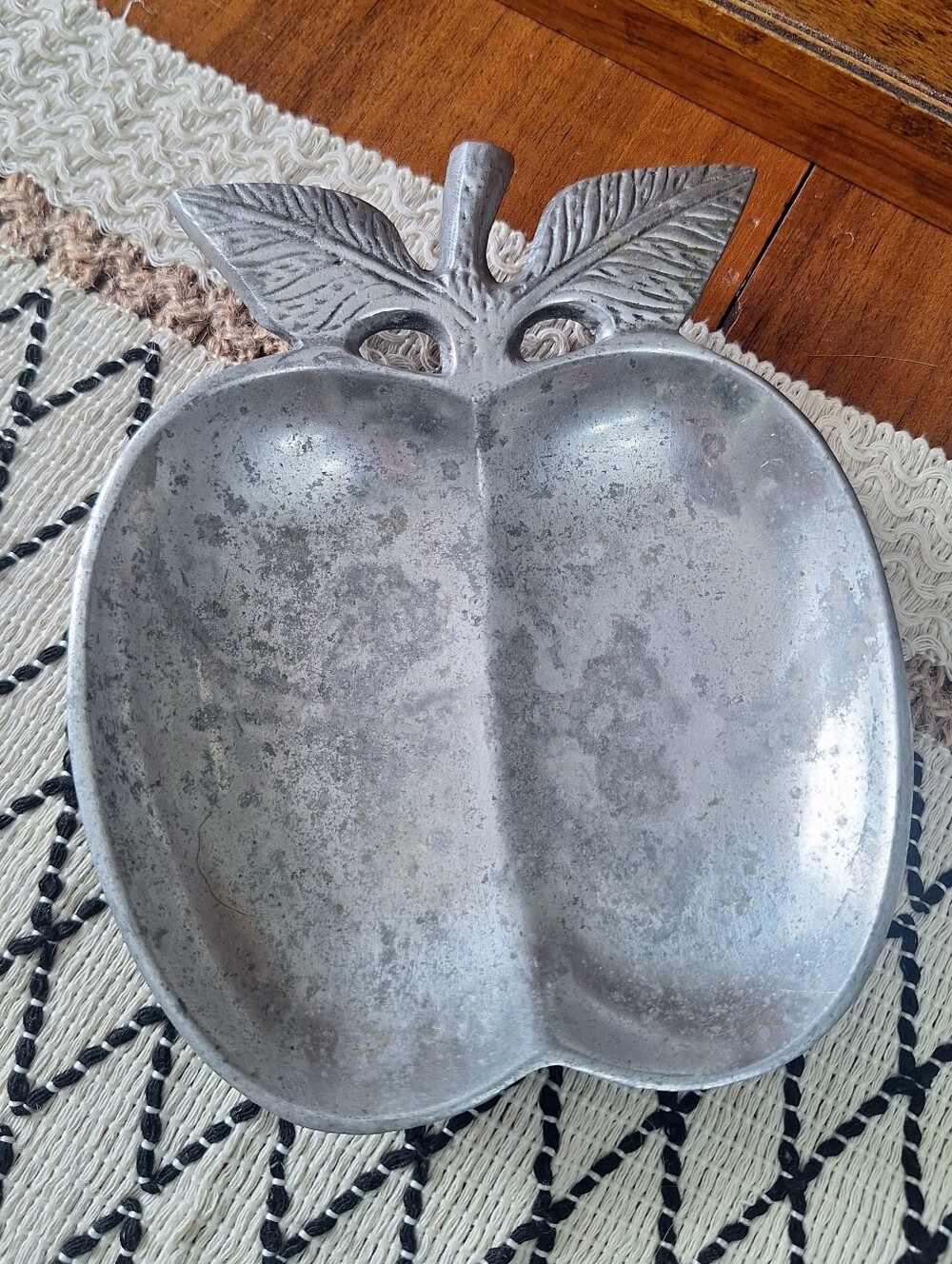 Vintage Pewter Look Divided Apple Shaped Candy Nut Dish